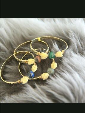 Gold Tone Women's Beaded Bangle Bracelet with Cream Accents